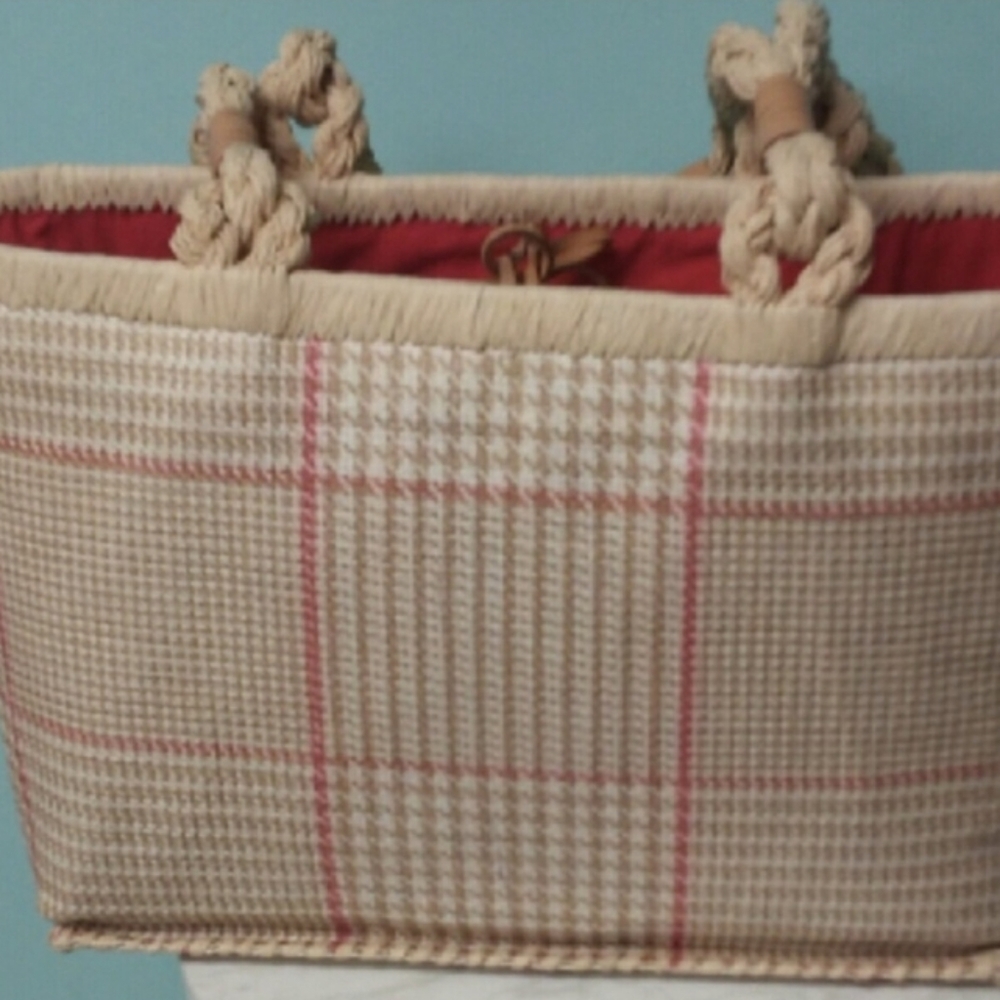LAUREN Ralph Lauren Straw TWEED Rope/Genuine Leather Handles Should - Picture 4 of 8